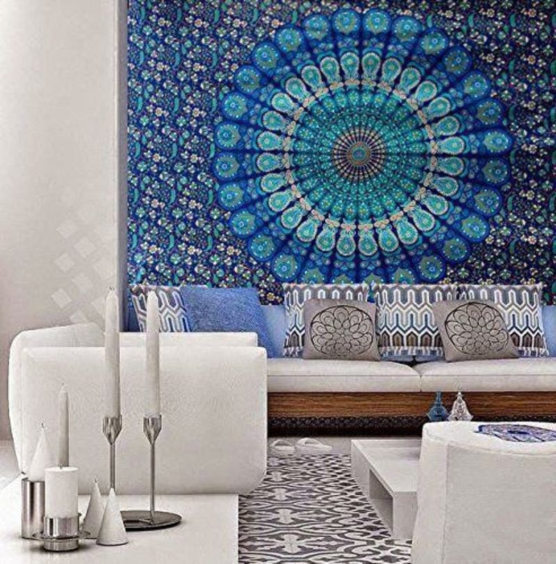 Blue Peacock Mandala Tapestry Queen - HD Wallpaper 