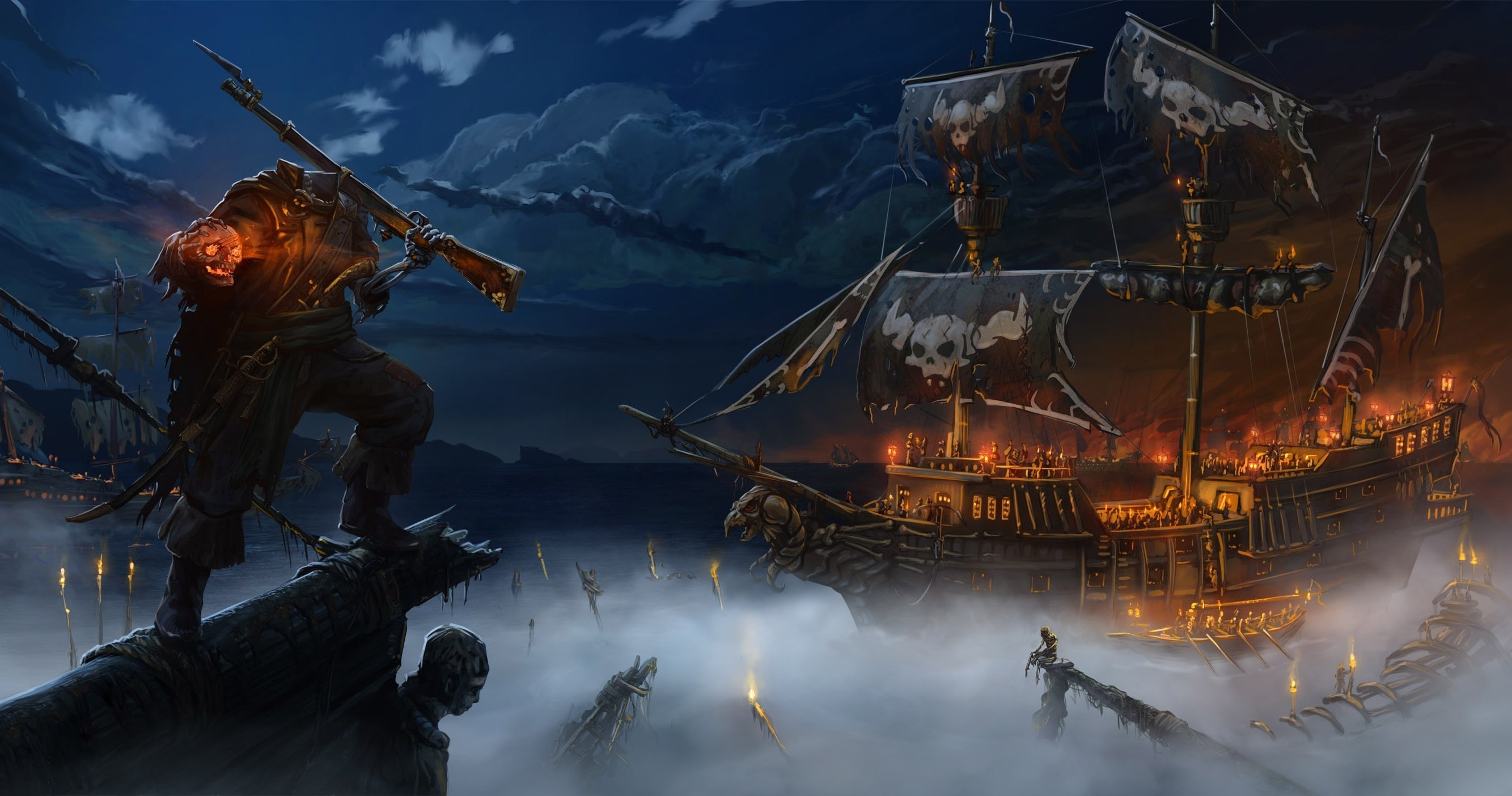 Art, Night, Sea, Ship, Pirate, Fog, Without A Head, - Fantasy Pirate Ship Art - HD Wallpaper 