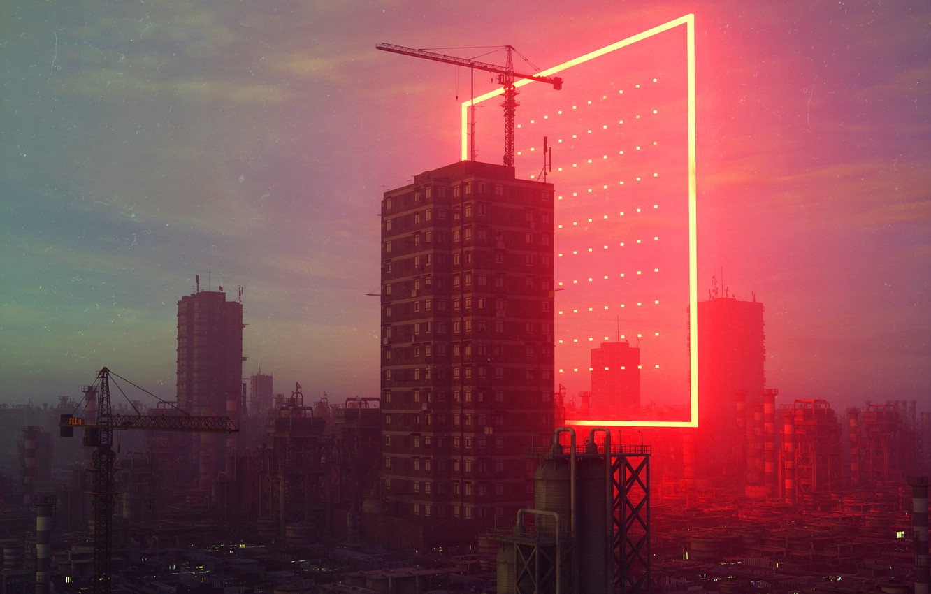 Photo Wallpaper The City, Neon, Style, Crane, Building, - Imagine Dragons Cha Ching Caratula - HD Wallpaper 