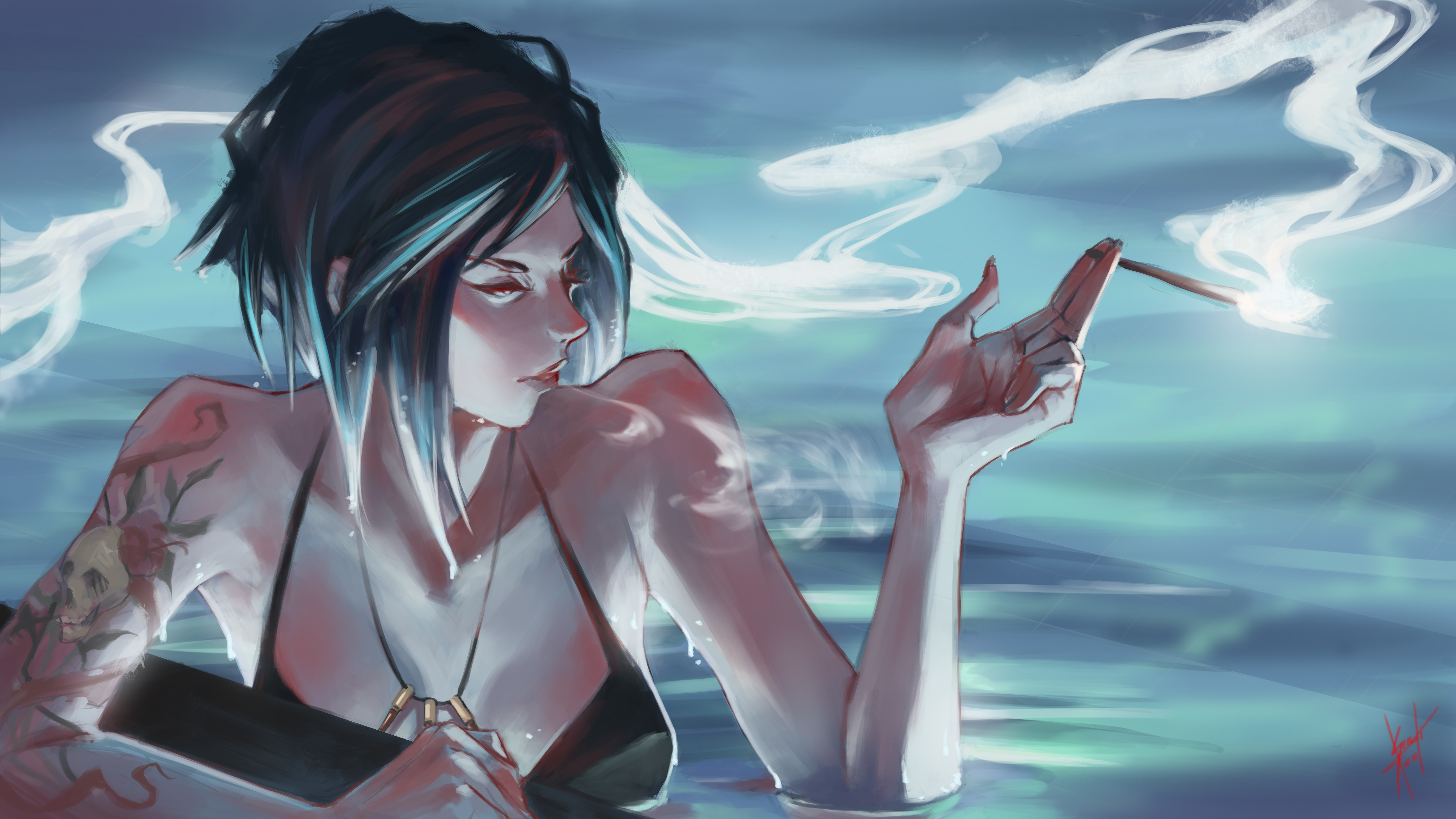 Girl Smoking Cigarette Art - HD Wallpaper 