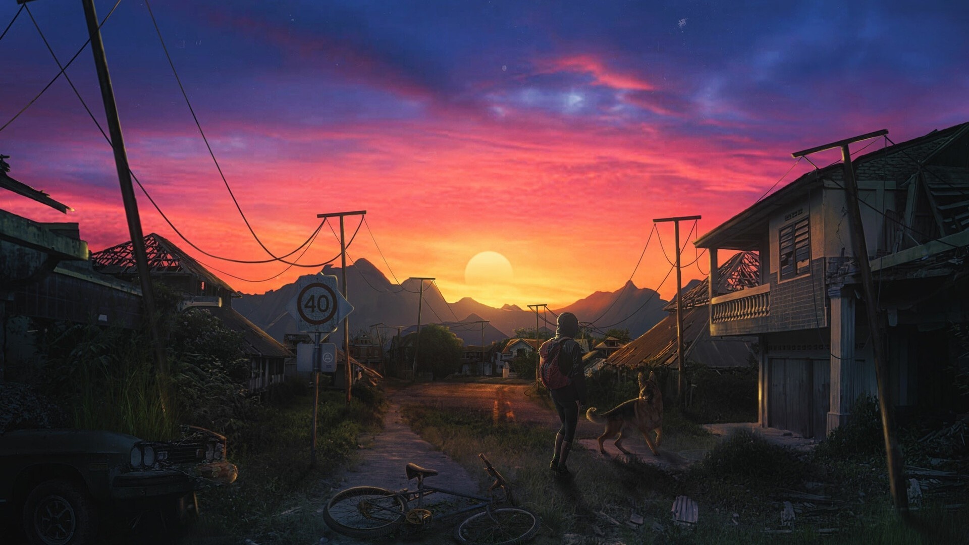 Fantasy Landscape, Post-apocalyptic, Sunset, Dog, Ruins - Fantasy Post Apocalyptic Landscape - HD Wallpaper 