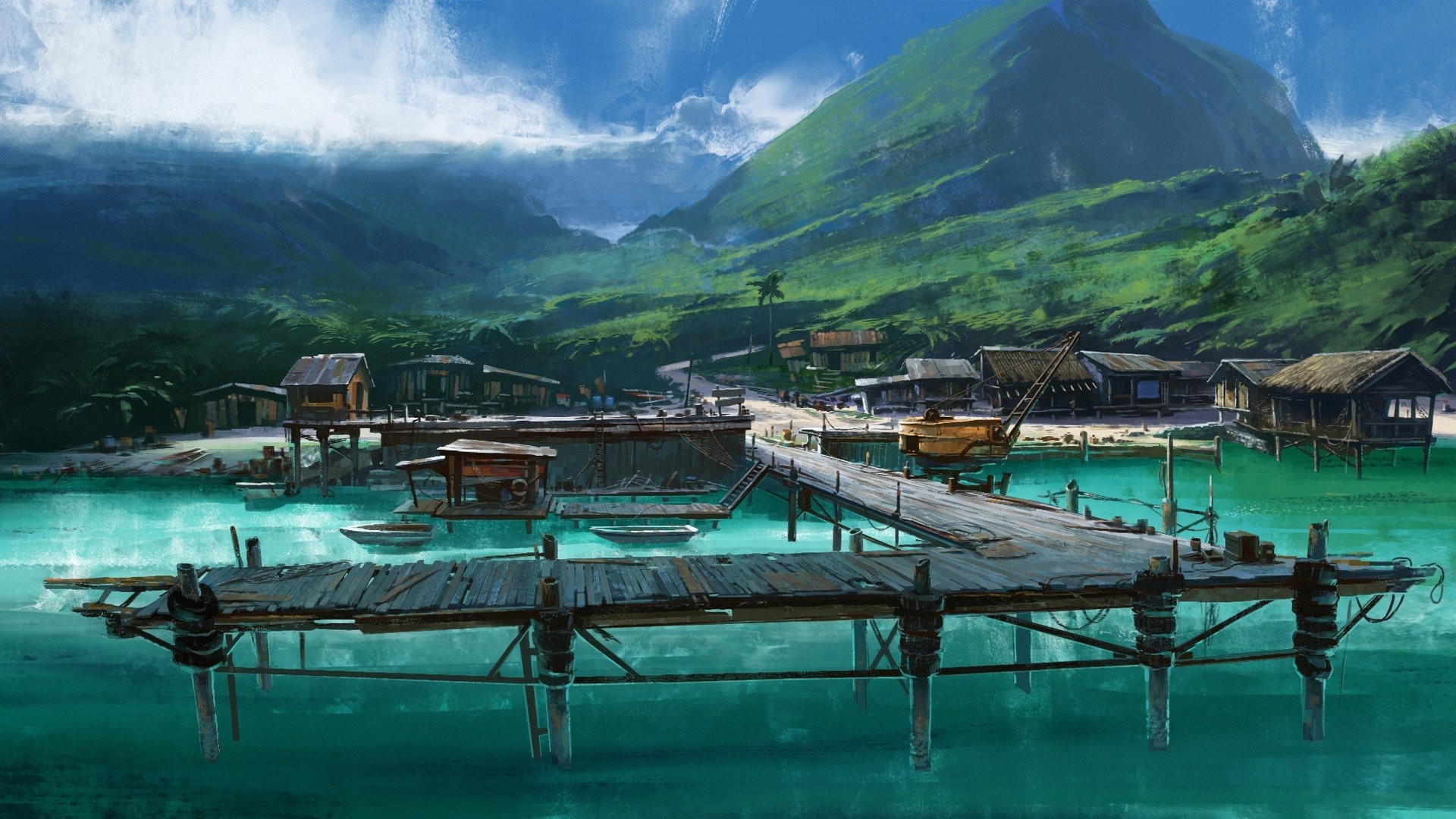 Artwork Boats Dock Drawings Far Cry 3 Landscapes Mountains - Far Cry 3 Dock - HD Wallpaper 