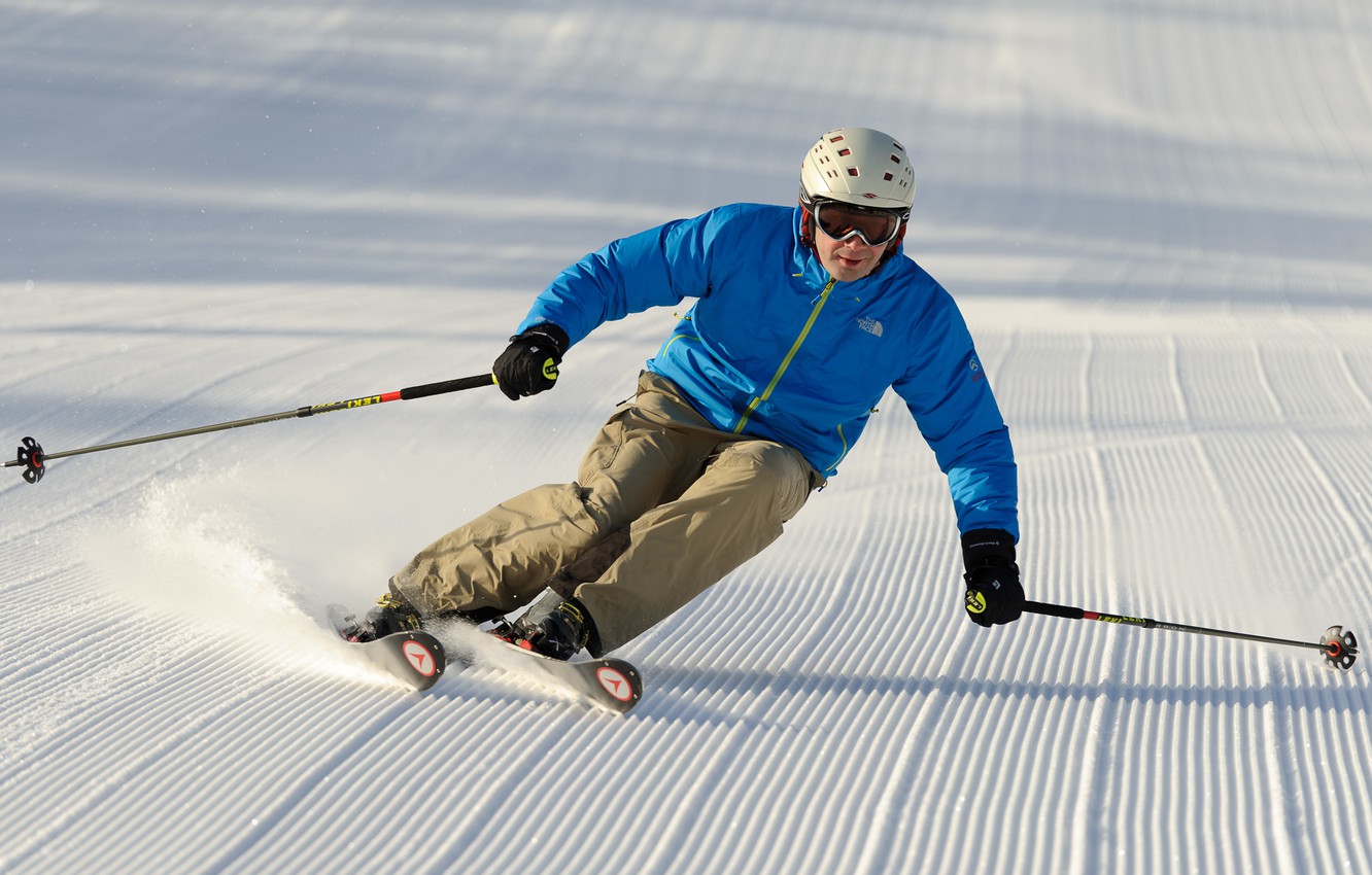 Photo Wallpaper Snow, Ski, Stick, Slope, Helmet, Skiing, - Skier Turns - HD Wallpaper 