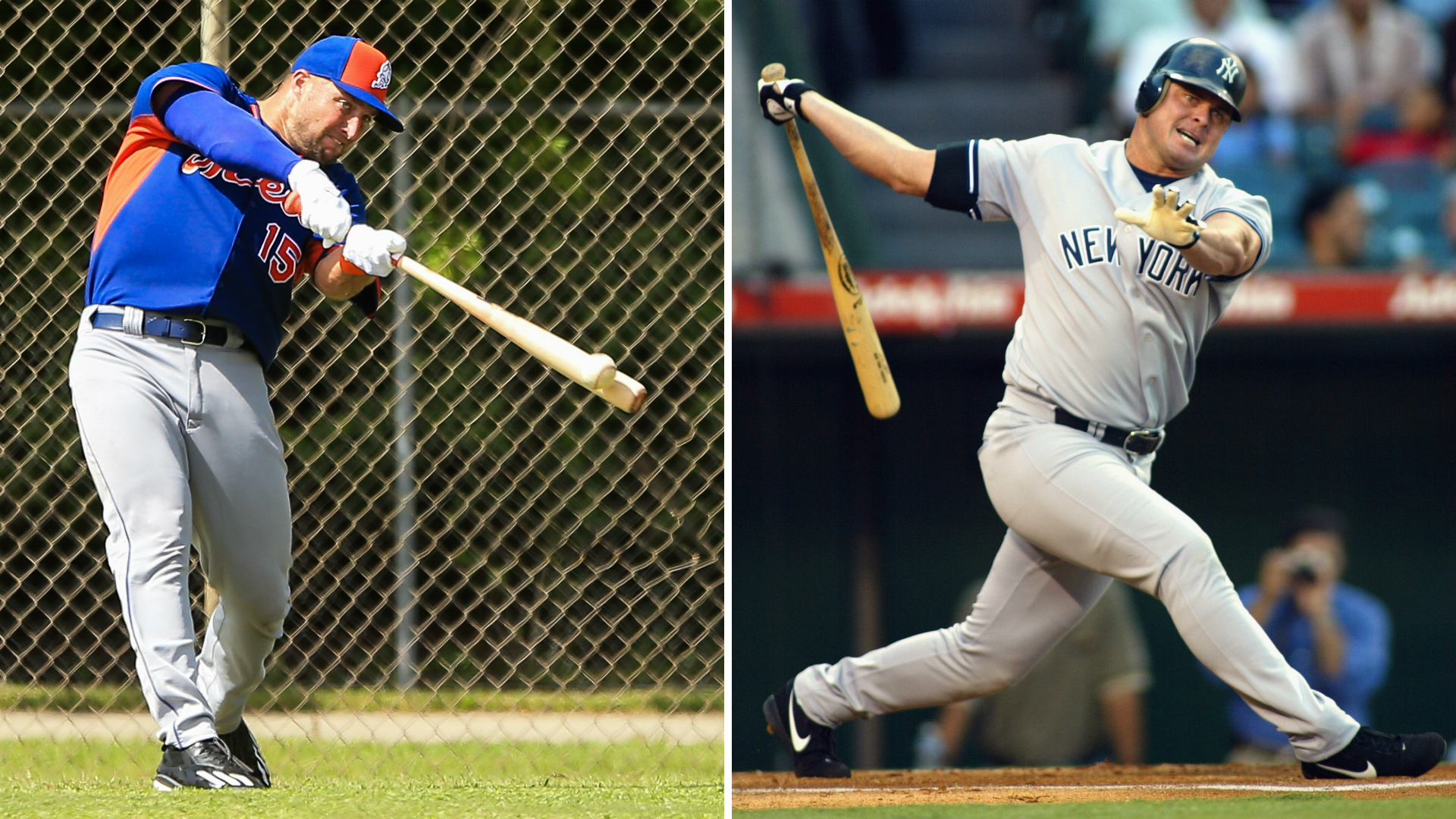 Split Tim Tebow Jason Giambi Getty Ftr - Tim Tebow Batting - HD Wallpaper 
