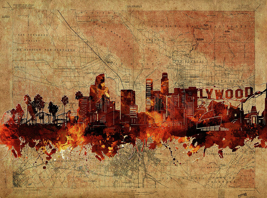 Downtown Los Angeles Skyline Art - HD Wallpaper 