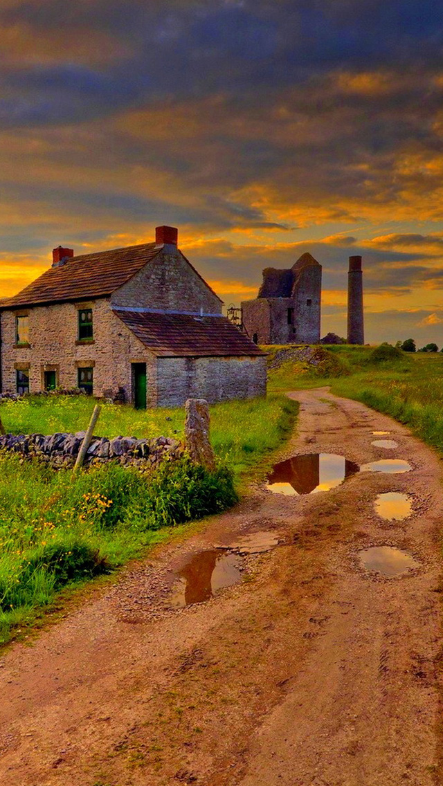 Grass House Road Scenic Skies Iphone Wallpaper - Scenery House Wallpaper Download - HD Wallpaper 