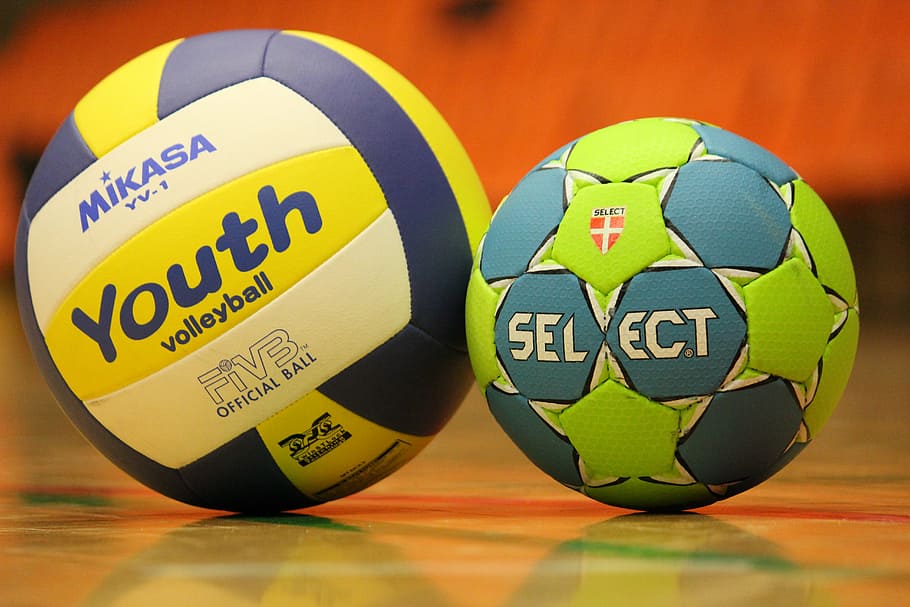 Soccer Ball Beside Volleyball On Floor, Handball, Training, Bola Voli