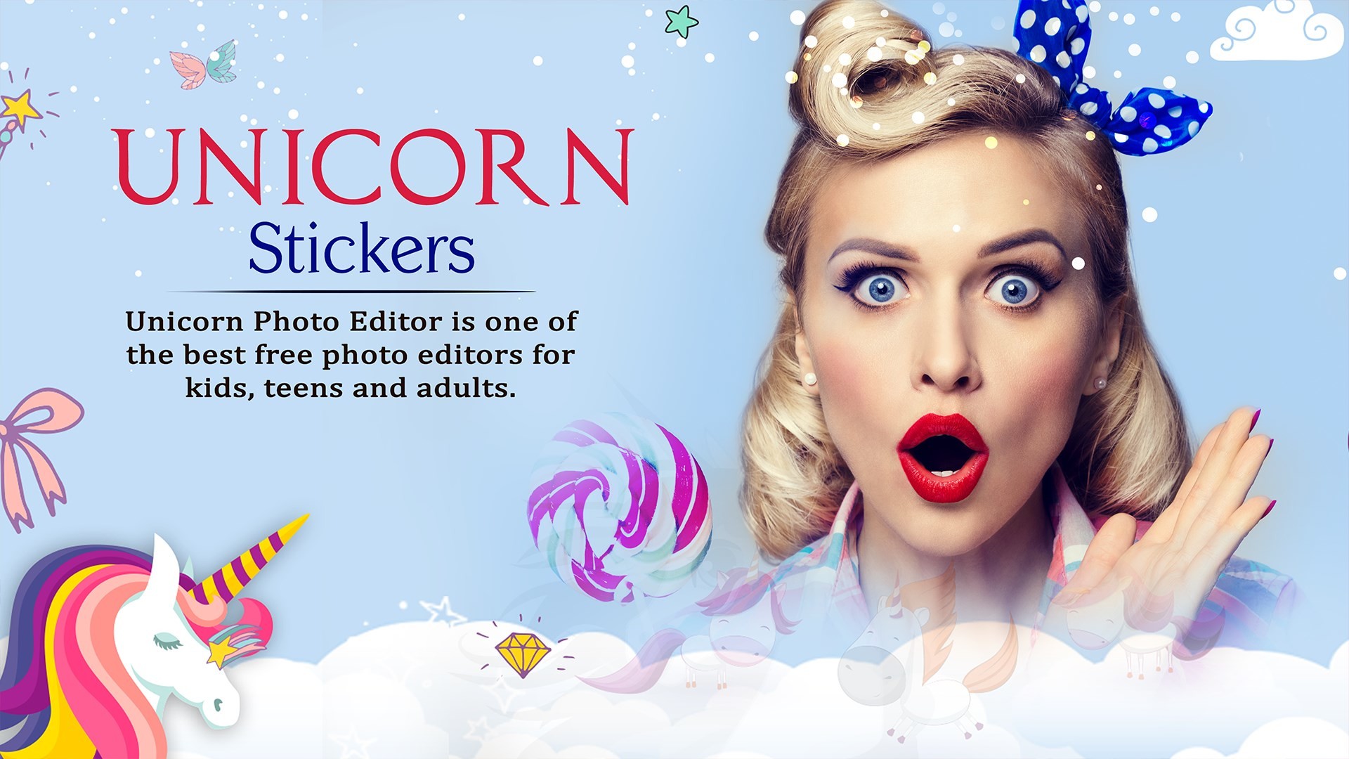 Unicorn Photo Stickers Cute Photo Editor For Girls - Vintage Girl With Lollipop - HD Wallpaper 