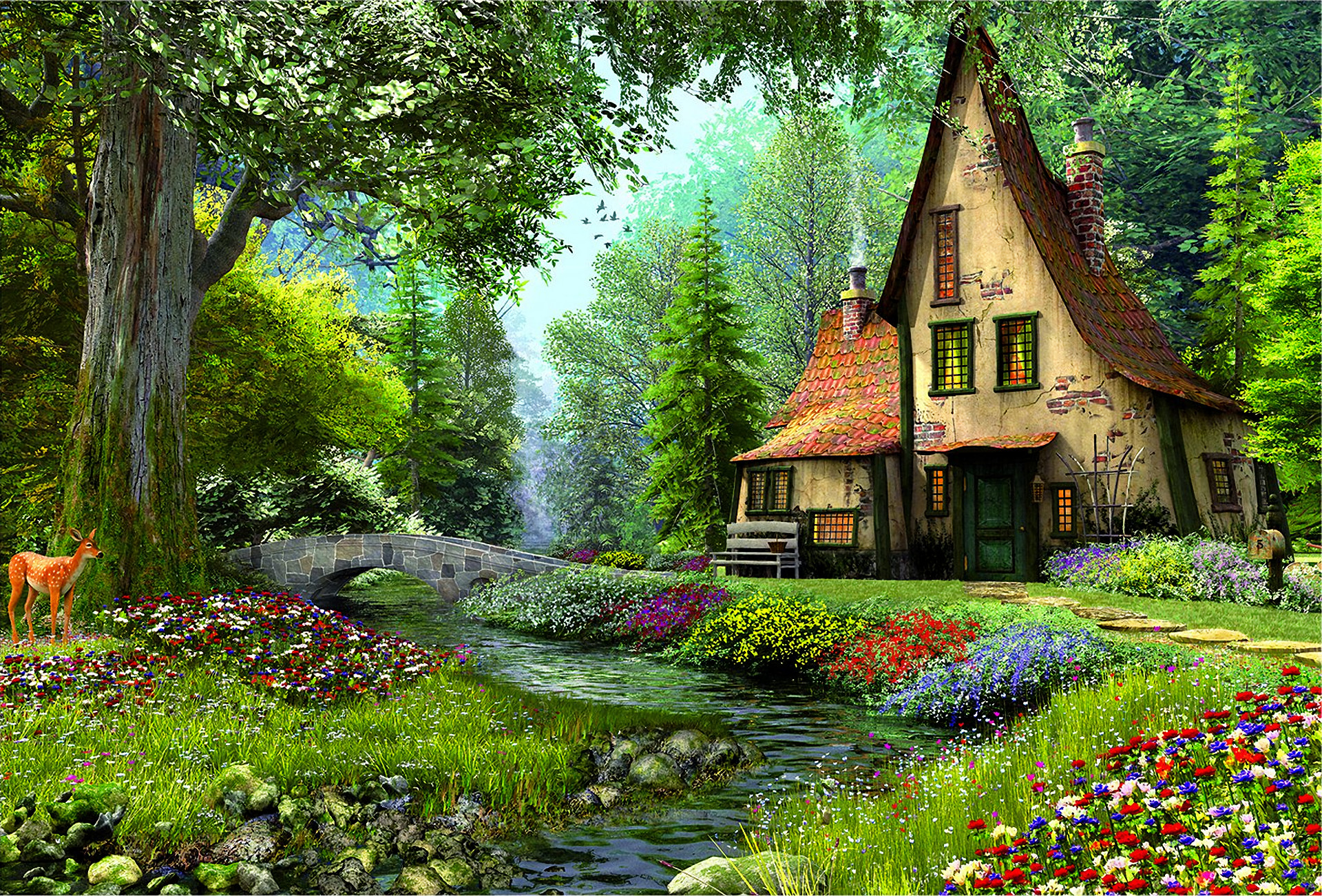 Painting Artistic House Fairy Tale Magical Flower Tree - Fairytale House In Forest - HD Wallpaper 