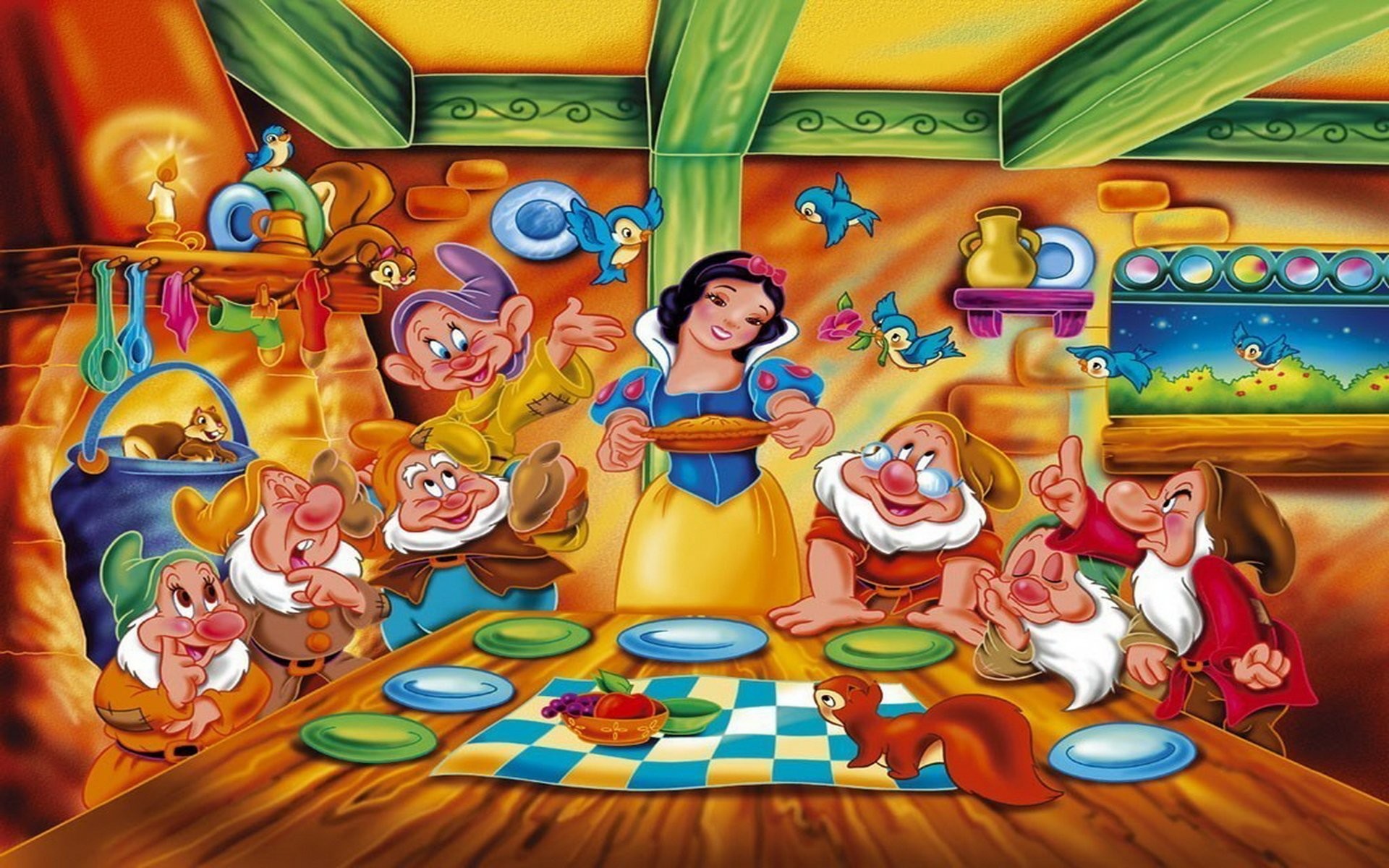 Snow White And The Seven Dwarfs Snow White Wallpaper - Snow White And The Seven Dwarfs Dinner Table - HD Wallpaper 