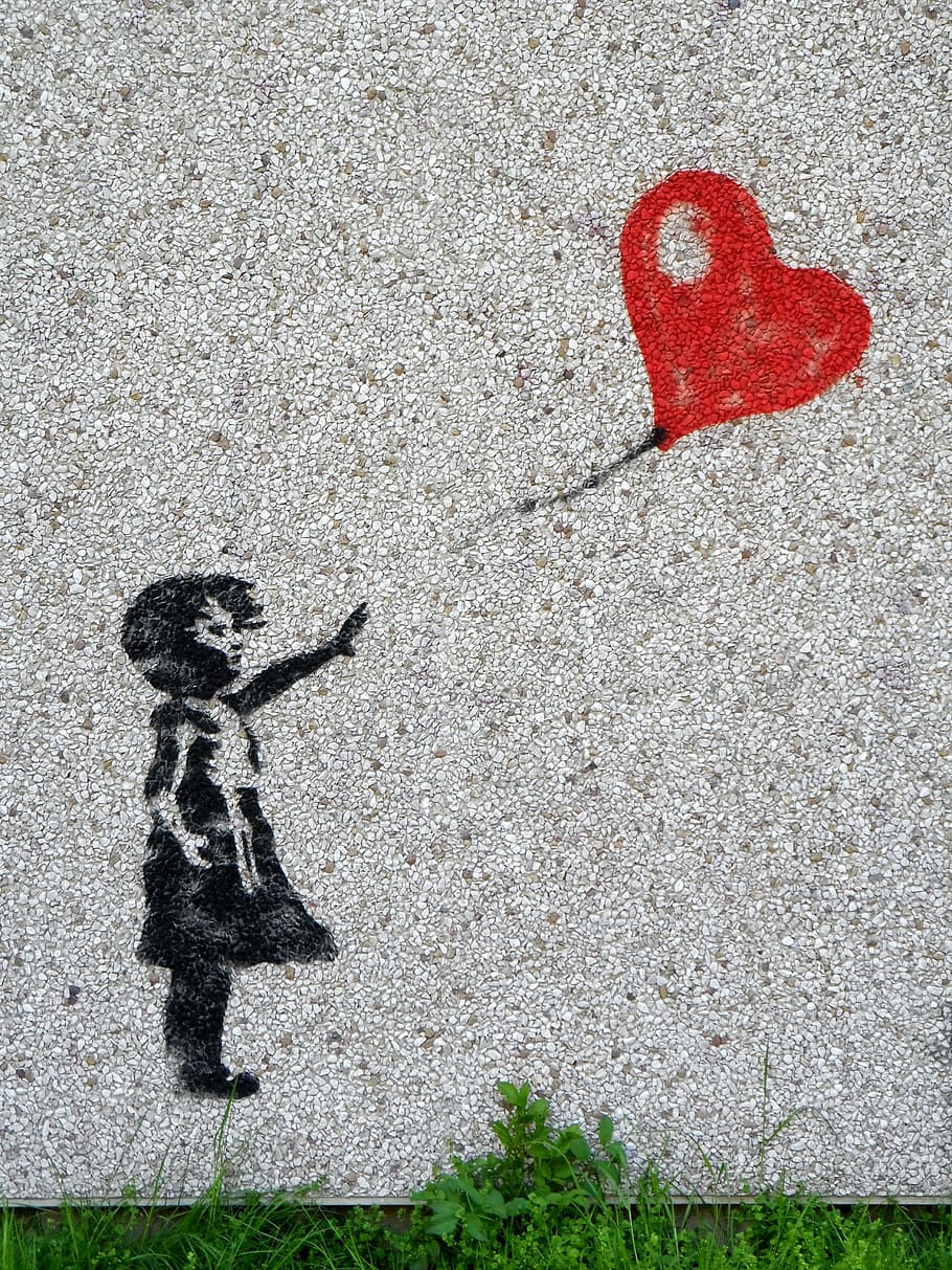 Girl And Red Balloon Surface, Mural, Child, Heart, - Tattered Heart - HD Wallpaper 