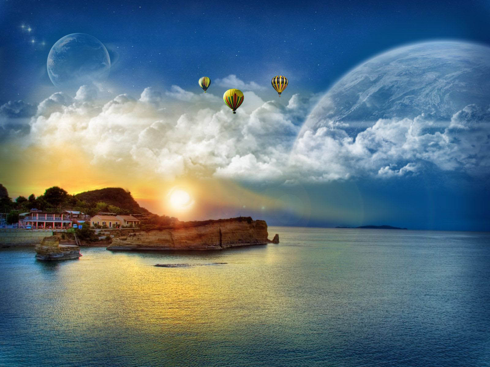 Best Fantasy Beach Landscape Wallpaper Hd - Hot Air Balloons Over Ocean - HD Wallpaper 