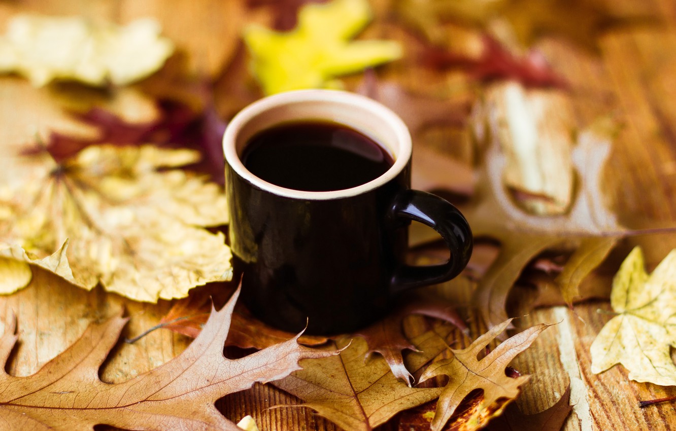 Photo Wallpaper Autumn, Leaves, Coffee, Cup, Autumn, - Coffee Cup Autumn Leaves - HD Wallpaper 