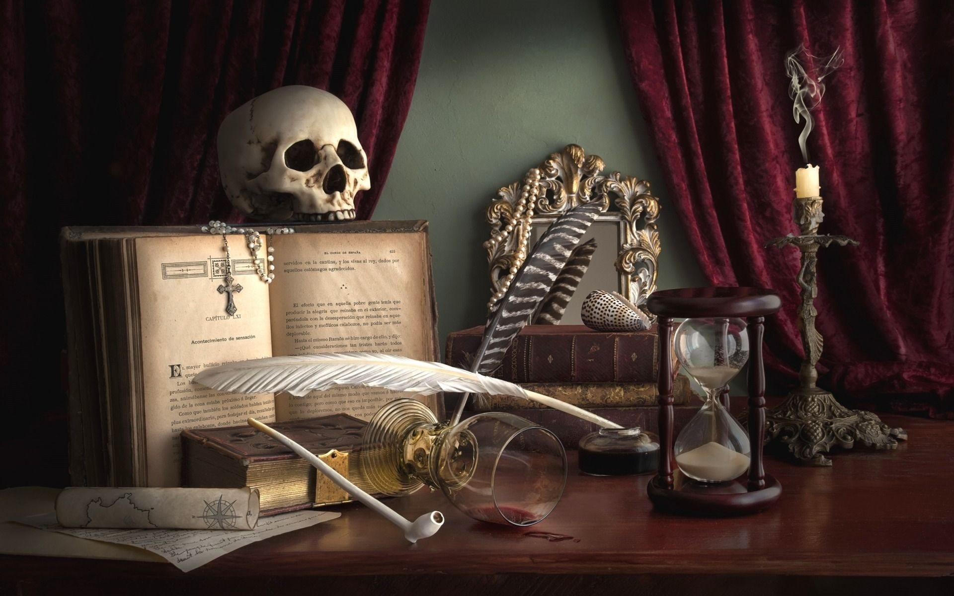 Pen, Hourglass, Tube, Vintage Still Life, Candle - Candle Glass Books Skull - HD Wallpaper 