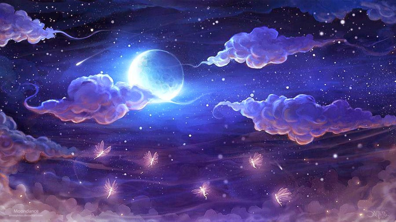 Cute Little Group Of Fairy Flying Towards Moon Creative - Fantasy Night Background - HD Wallpaper 