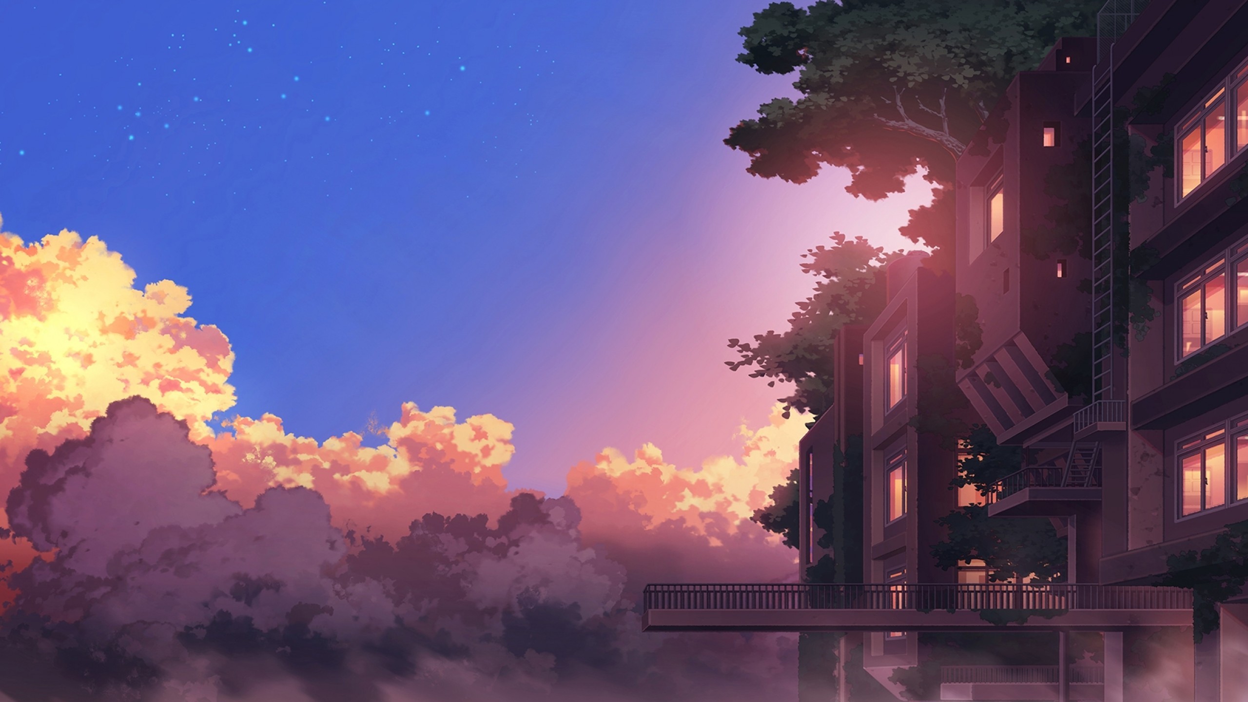 Anime Landscape, Building, Sunset, Clouds, Scenic - Scenery Anime City  Sunset - 2560x1440 Wallpaper 