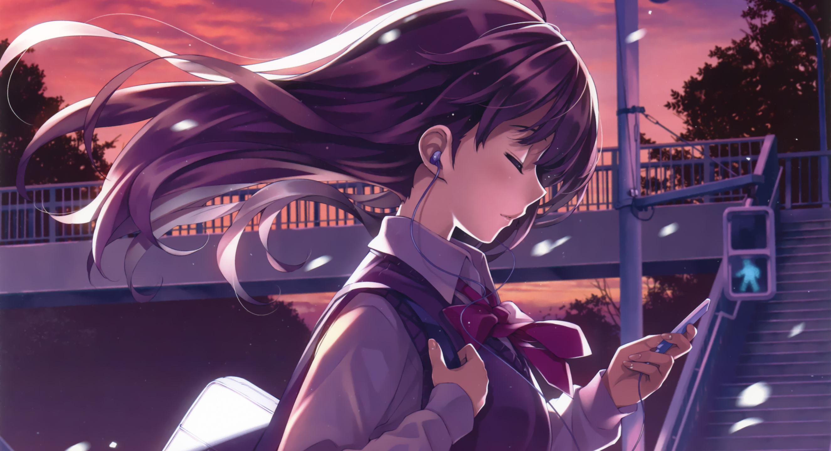 Anime Girl, Windy, Petals, School Uniform, Closed Eyes, - Alone Anime Girl Night - HD Wallpaper 