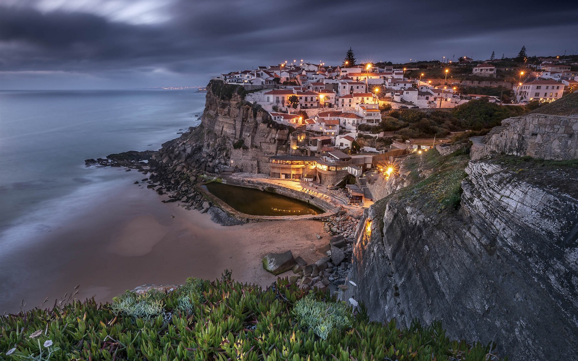 Wallpaper Portugal, Sintra, City, Coast, Sea, Lights, - Azenhas Do Mar - HD Wallpaper 