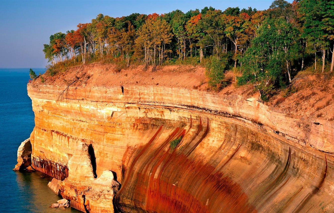 Photo Wallpaper Trees, Ocean, Cliff - Pictured Rocks National Lakeshore - HD Wallpaper 