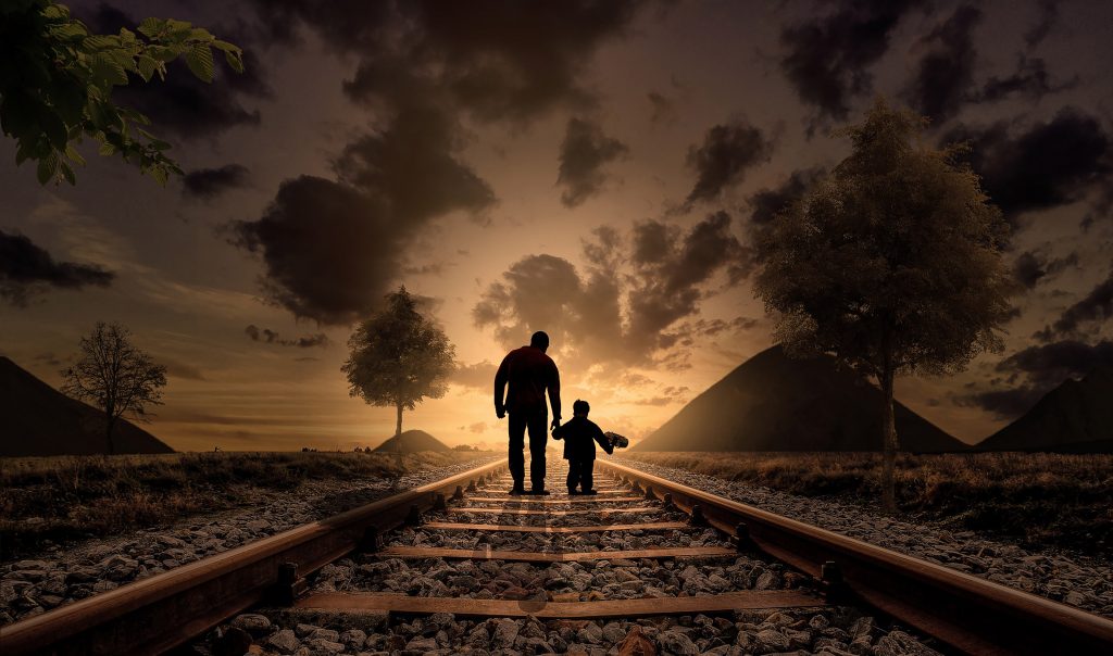 Father Son Railway Track Clouds Dusk 4k Wallpaper - Photography Photos With Meaning - HD Wallpaper 