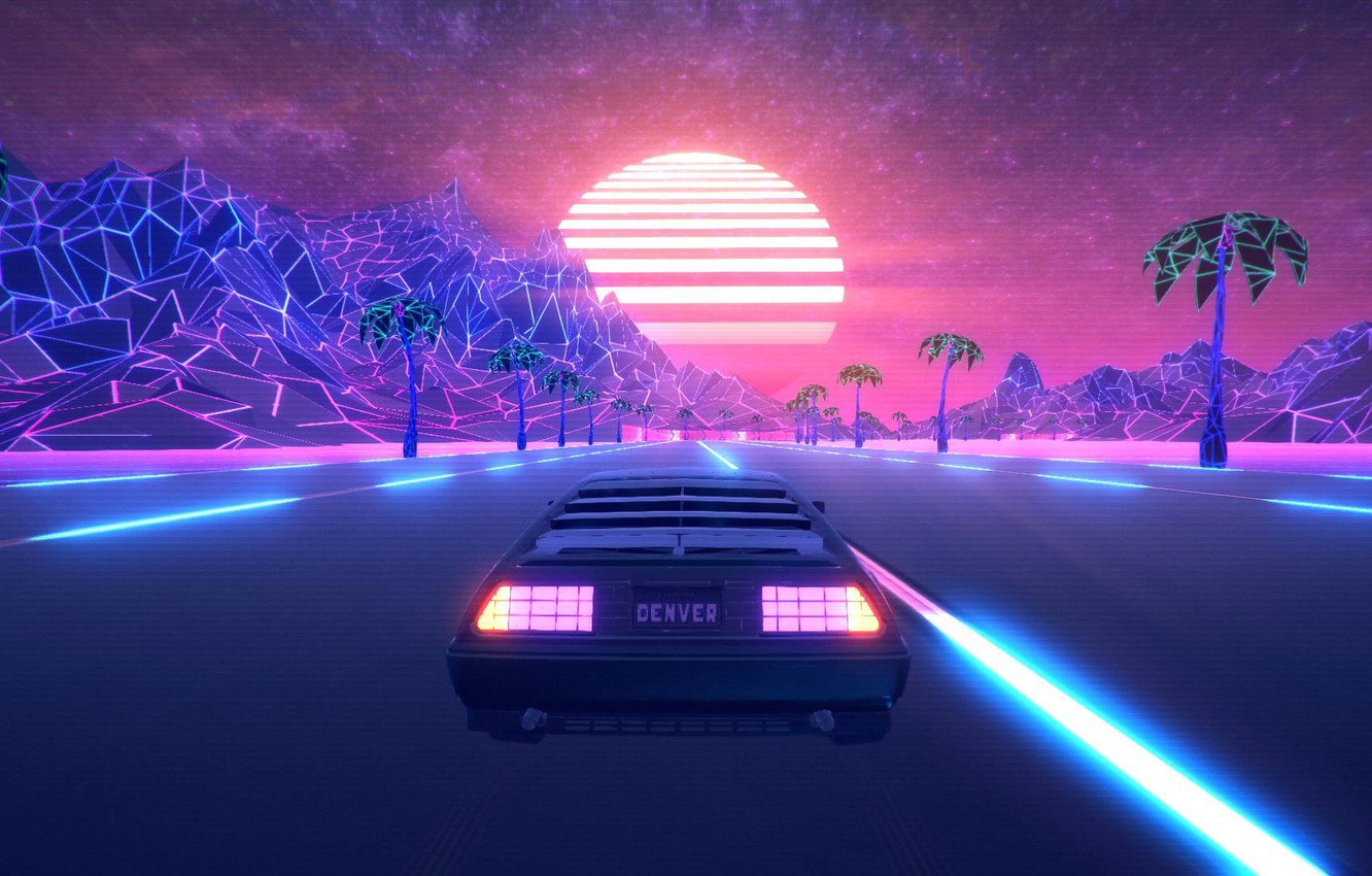 Photo Wallpaper Road, The Game, Neon, Machine, Palm - Retro Video Game Aesthetic - HD Wallpaper 