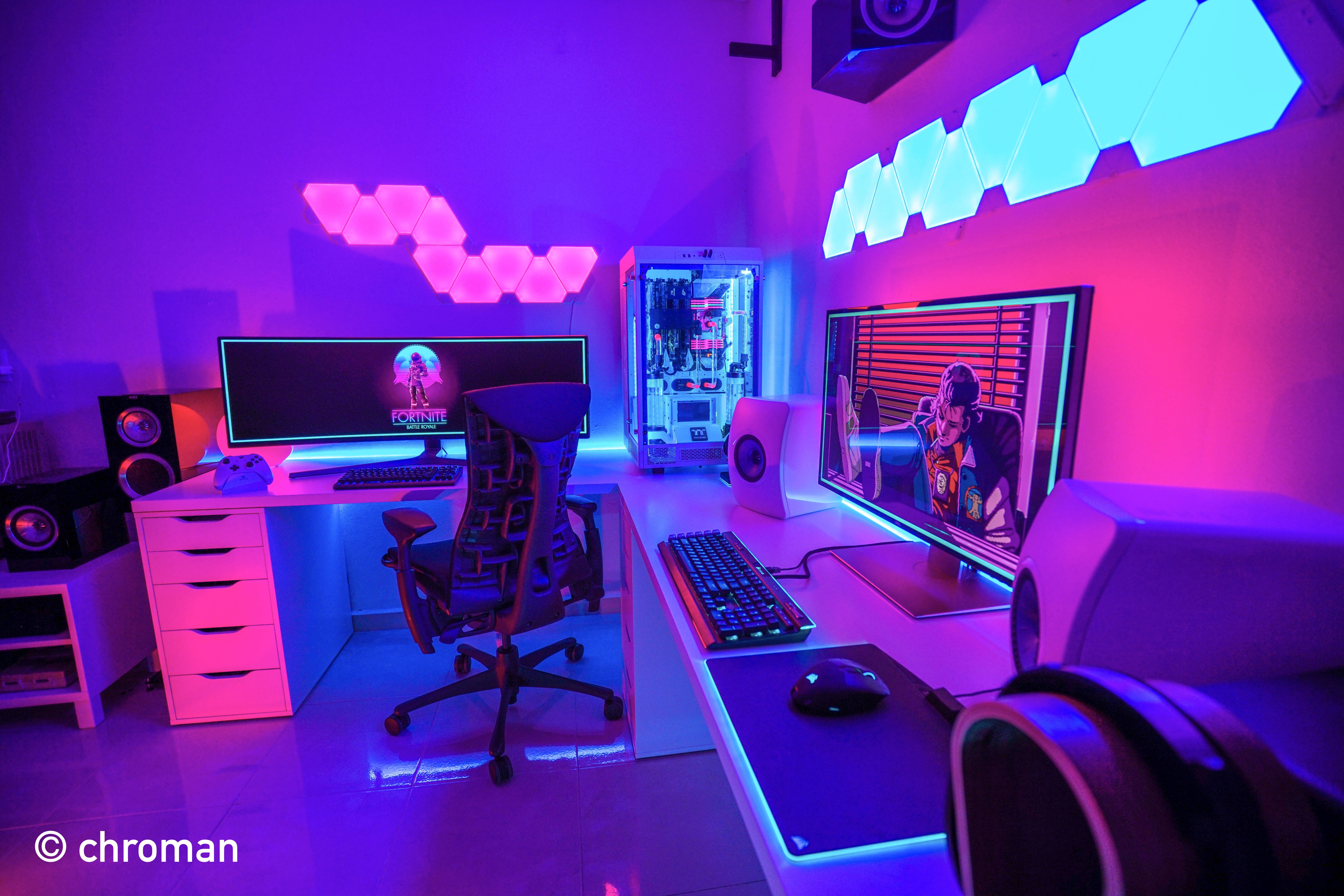 Pink And Blue Gaming Setup - HD Wallpaper 