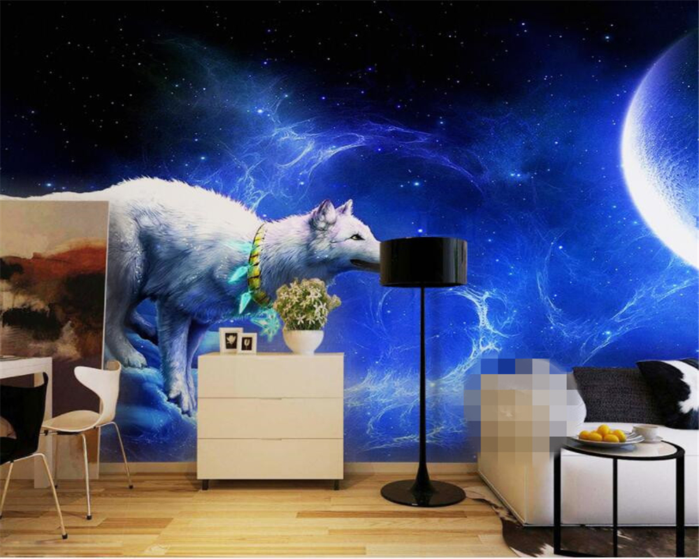 Beibehang White Wolf And Moon Art D Wallpaper Gaming - HD Wallpaper 