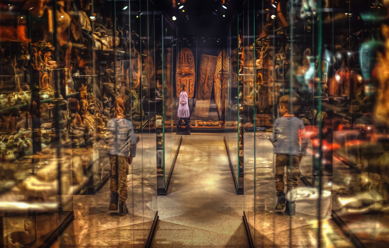 Photo Wallpaper Reflection, Boy, Girl, Museum, Lost - Interior Design - HD Wallpaper 