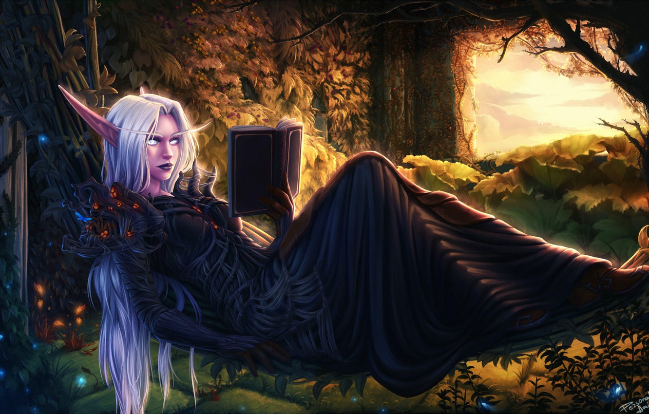 Photo Wallpaper Wow, Fantasy, Art, Warcraft, Elf, Book, - World Of Warcraft Reading - HD Wallpaper 