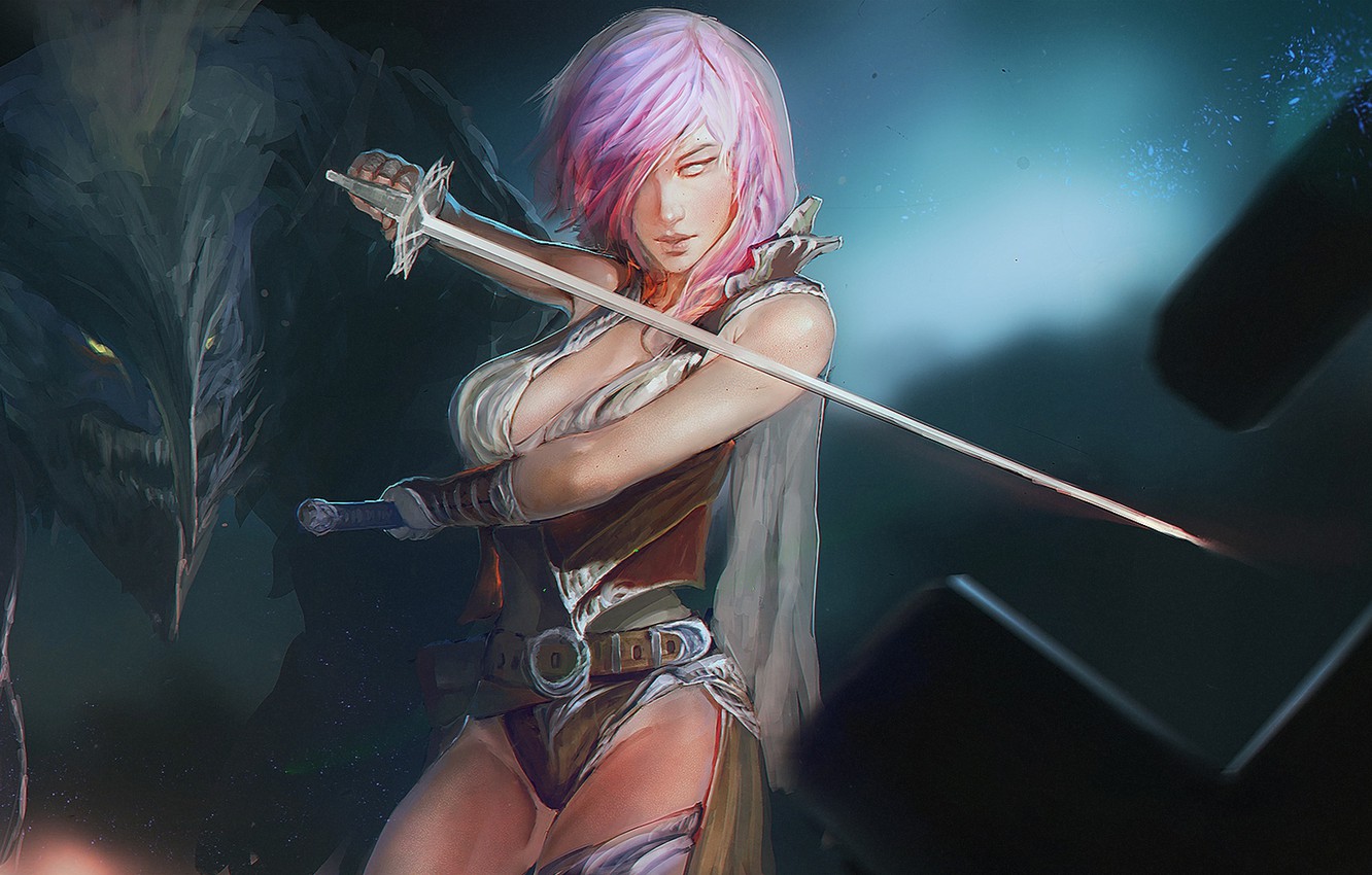 Photo Wallpaper Girl, Sword, Lightning, Square Enix, - Woman Warrior - HD Wallpaper 