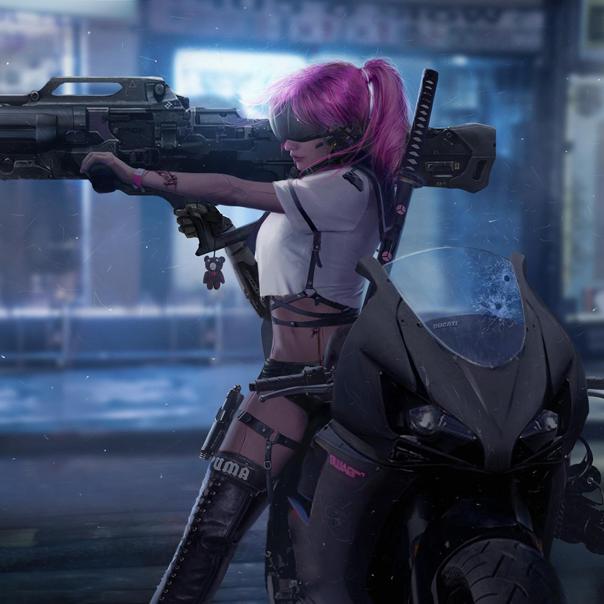 Cyberpunk Biker Girl Wallpaper - Girl With Rocket Launcher - HD Wallpaper 