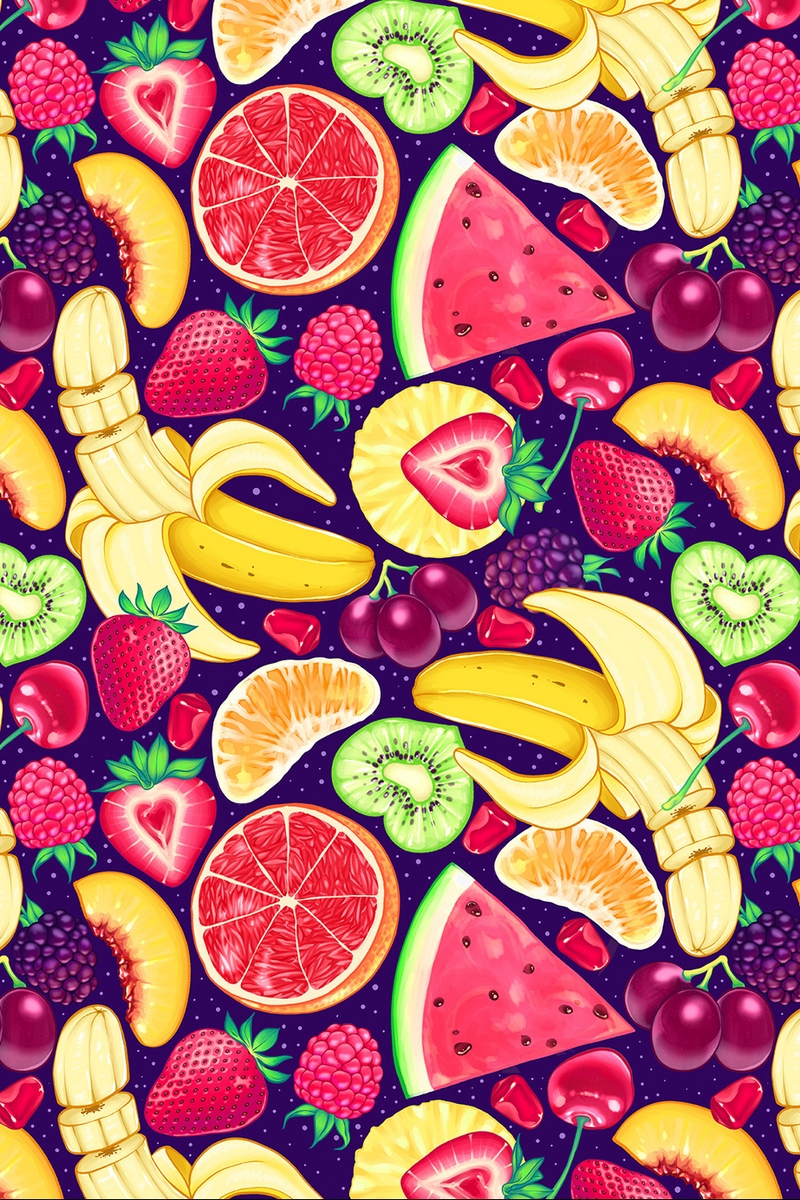 Wallpaper Pattern, Bright, Delicious, Banana, Strawberry, - Cherry Watermelon And Grapes - HD Wallpaper 