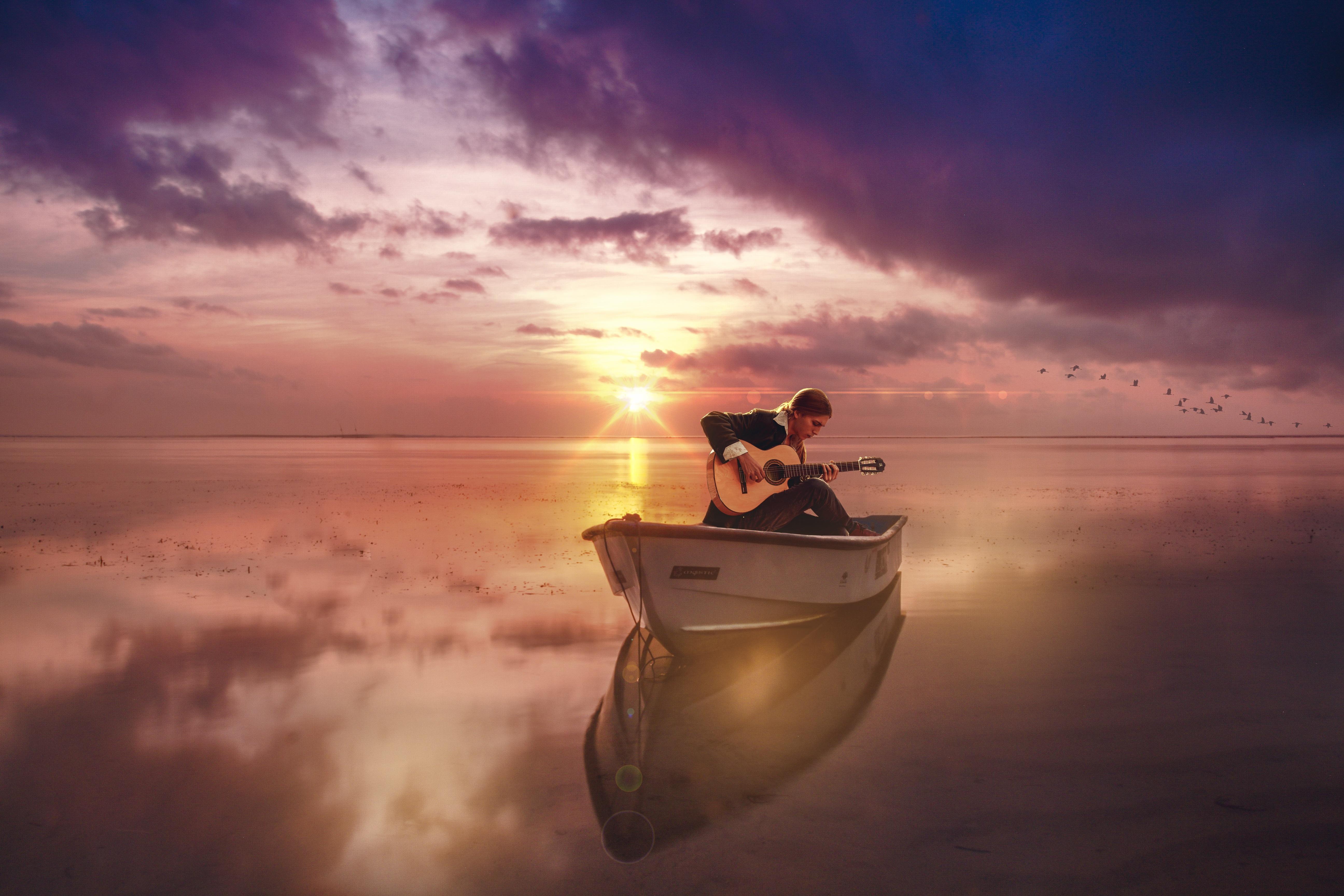 Guitar, Guitarist, Boat, Sea, Sunset, Horizon, Musician - My Love Good Night - HD Wallpaper 