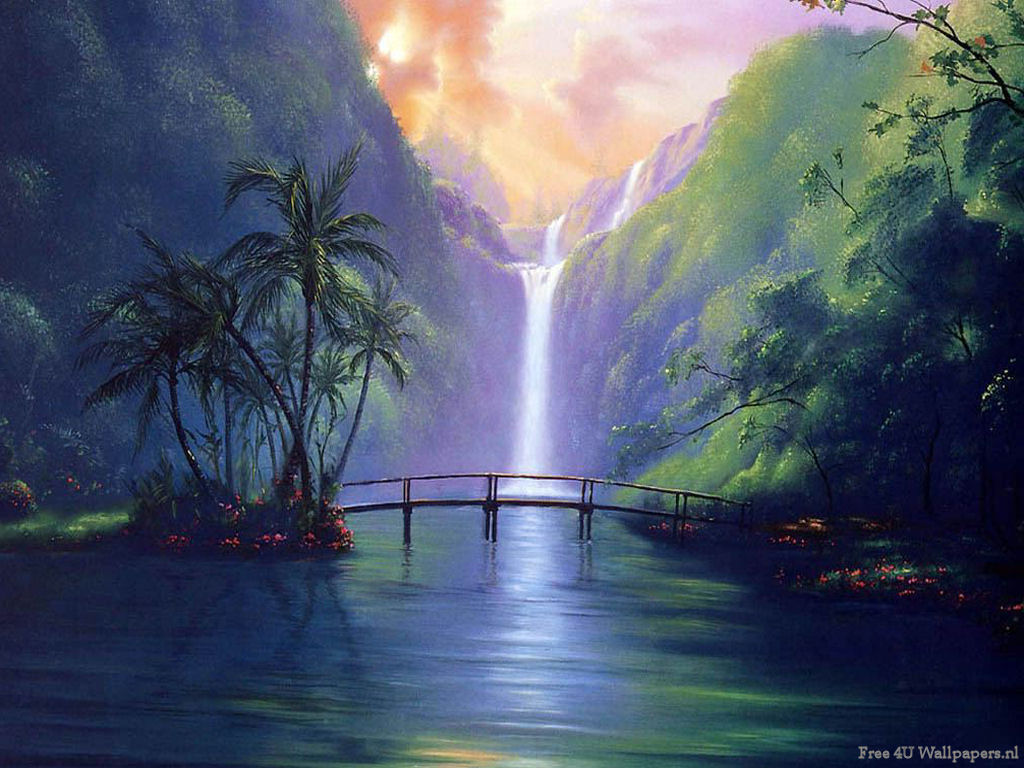 Natuur Wallpapers Iphone - Waterfall Painting - HD Wallpaper 