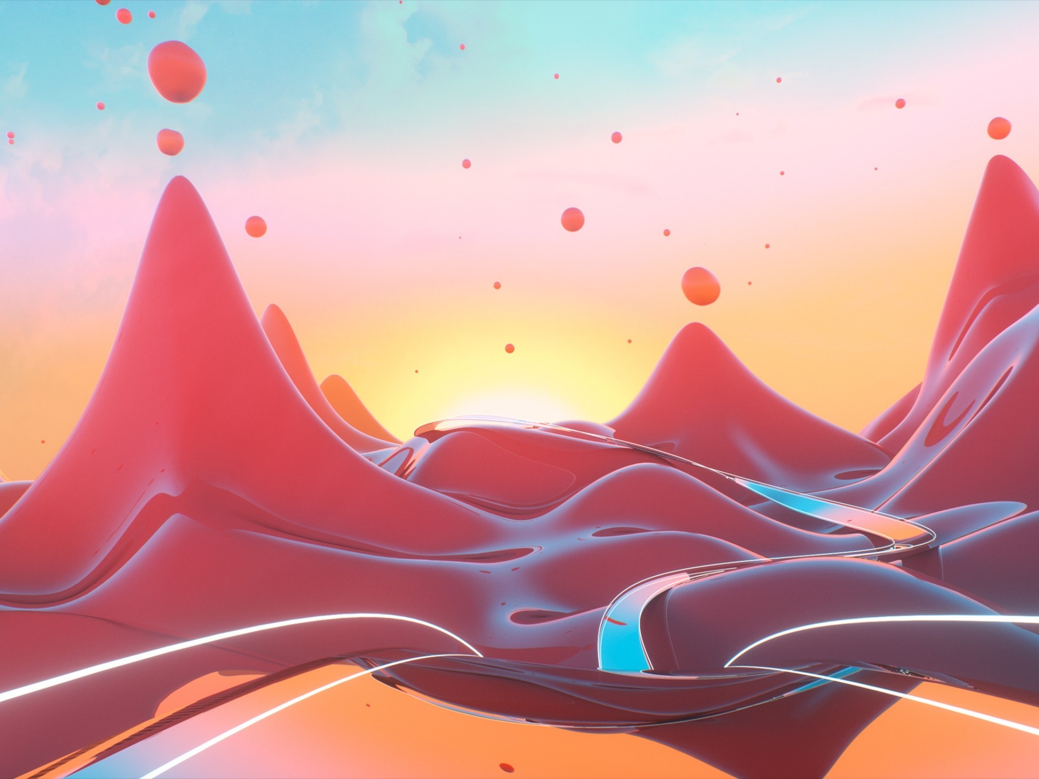 3d Landscape, Mountains, Sunset, Fluid, Roads - Graphic Design Trend 2018 - HD Wallpaper 