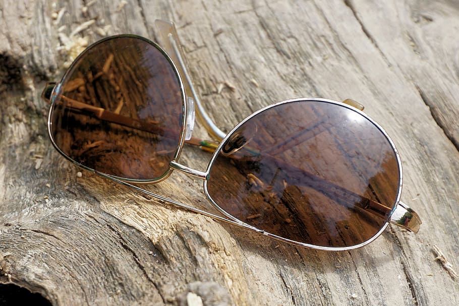 Silver Colored Aviator Style Sunglasses On Tree Log, - HD Wallpaper 