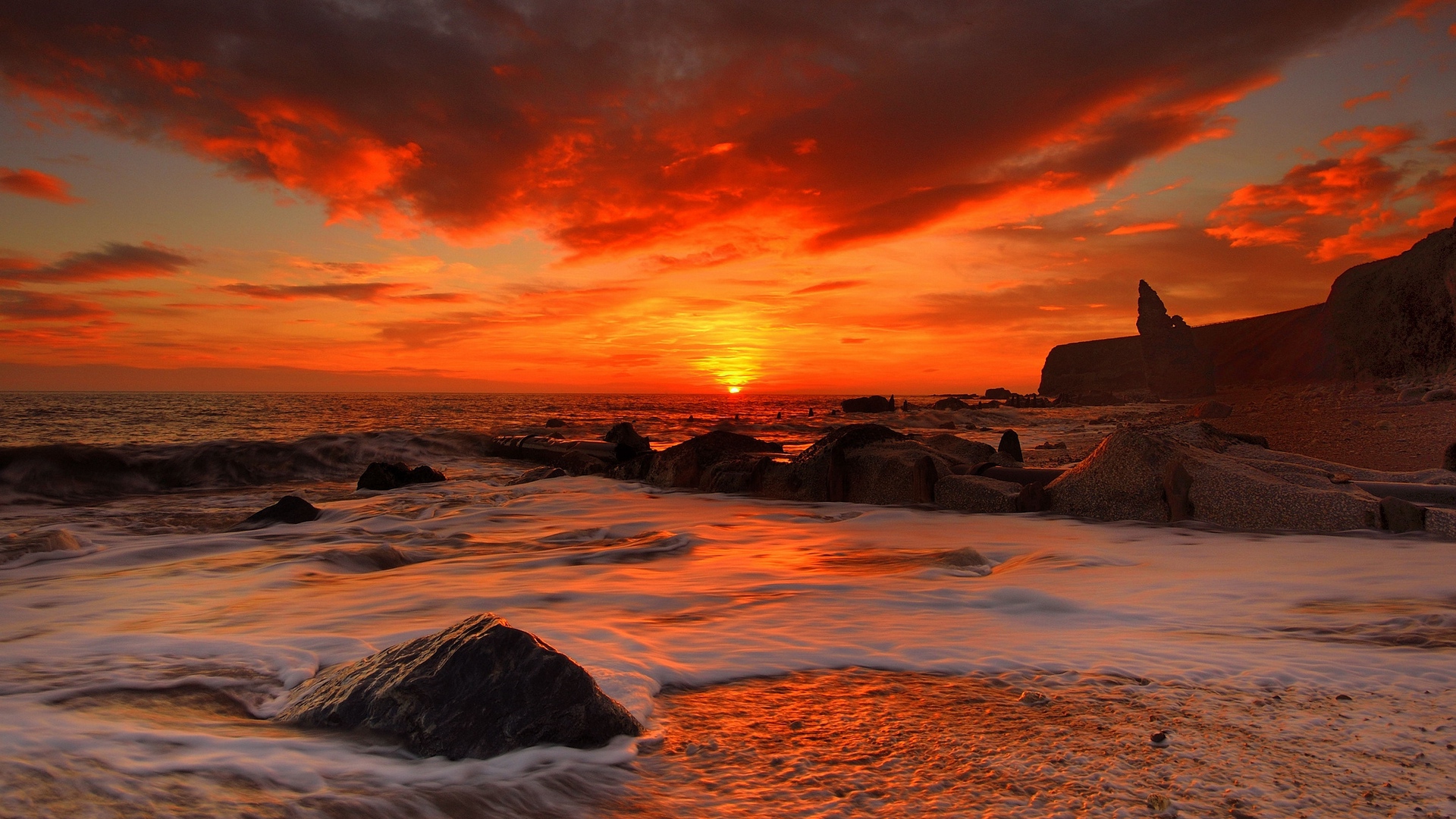 Wallpaper Sea, Waves, Rocks, Beach, Sunrise - Walton 49 Inch Led Tv - HD Wallpaper 