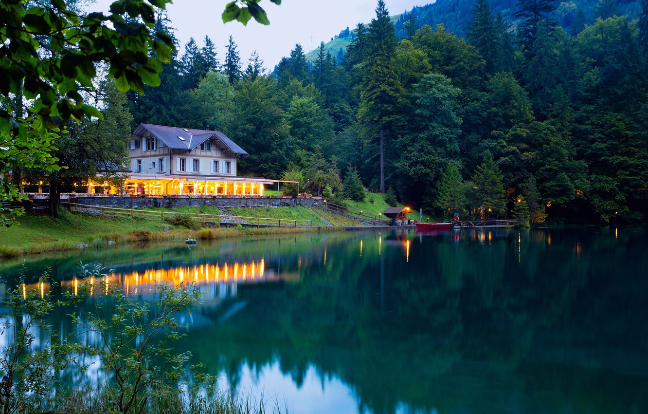 Photo Wallpaper Greens, Forest, Trees, Mountains, Lights, - House In Switzerland Near Lake - HD Wallpaper 