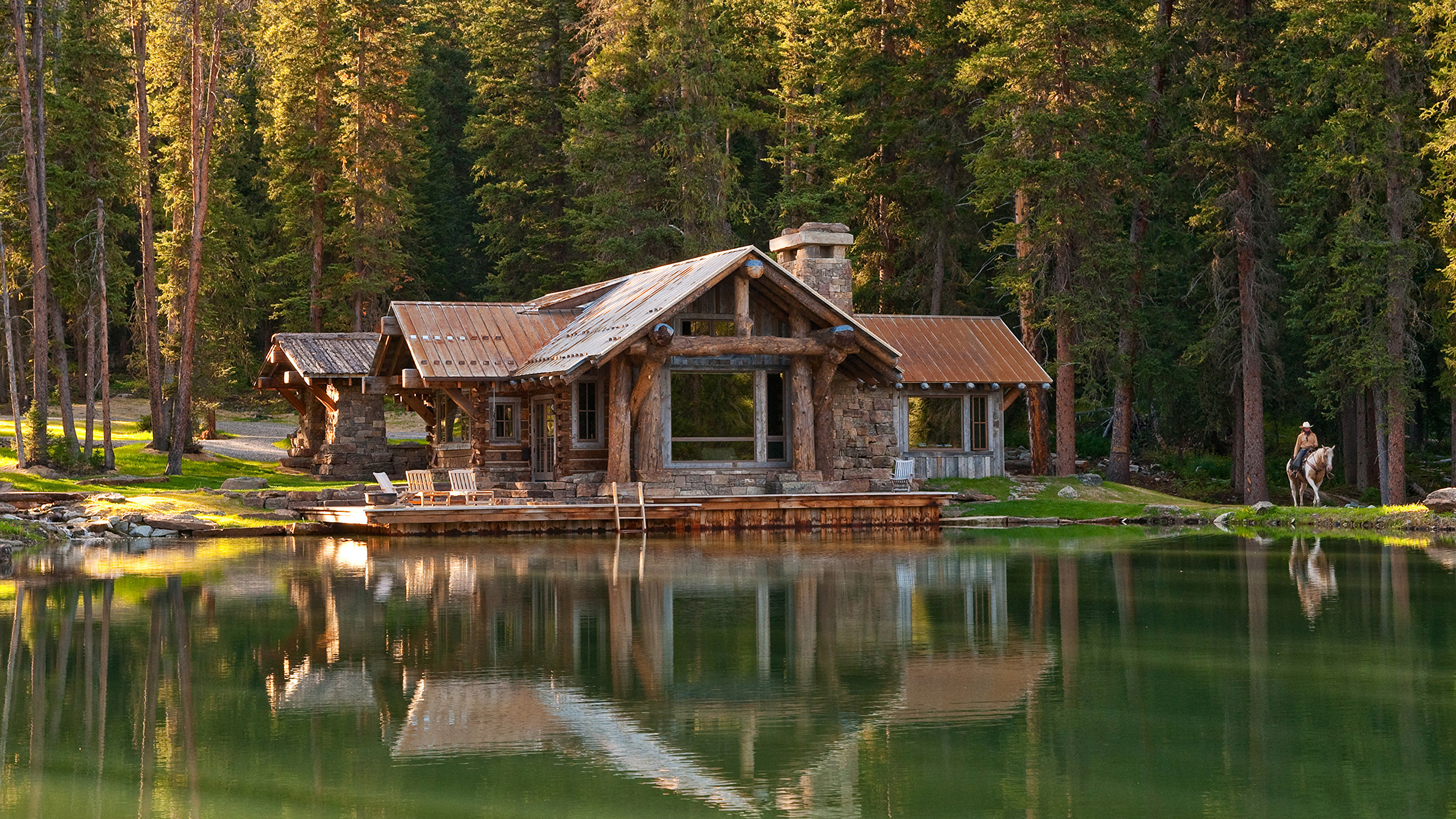 Log Cabin By Lake - HD Wallpaper 