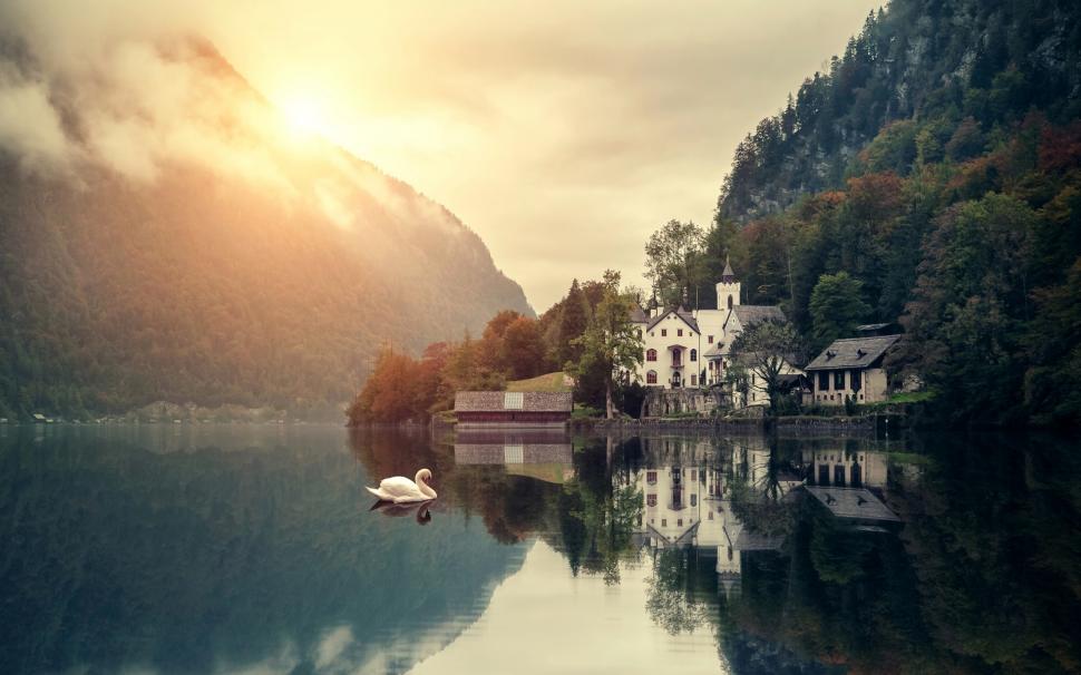 Beautiful Morning Scenery, Mountain, Lake, House, Swans, - HD Wallpaper 