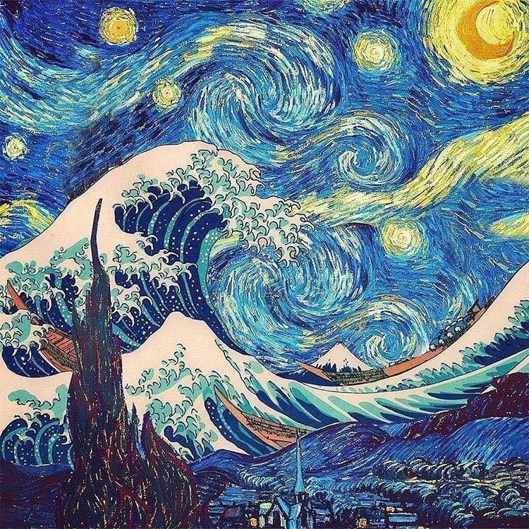Starry Night And The Great Wave - HD Wallpaper 