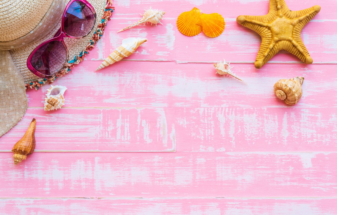 Photo Wallpaper Stars, Hat, Glasses, Shell, Summer, - Beach Pink Summer Background - HD Wallpaper 
