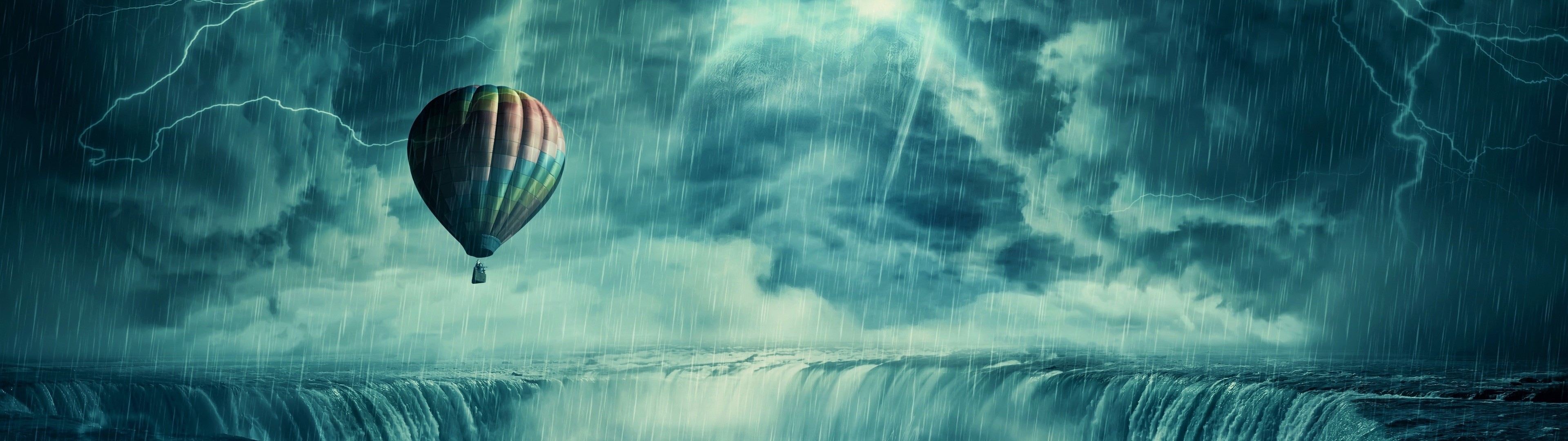 Hot Air Balloon, Clouds, Lightning, Dark, Ocean - Hot Air Balloon At Waterfall - HD Wallpaper 