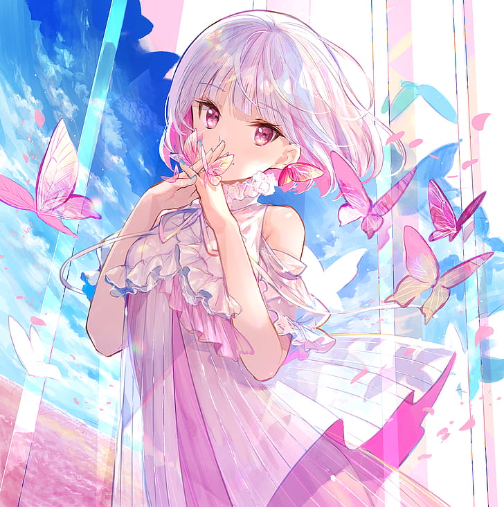 Anime, Anime Girls, Sky, White Hair, Pink Eyes, Butterfly, - Anime Girl With White Hair And Pink Eyes - HD Wallpaper 