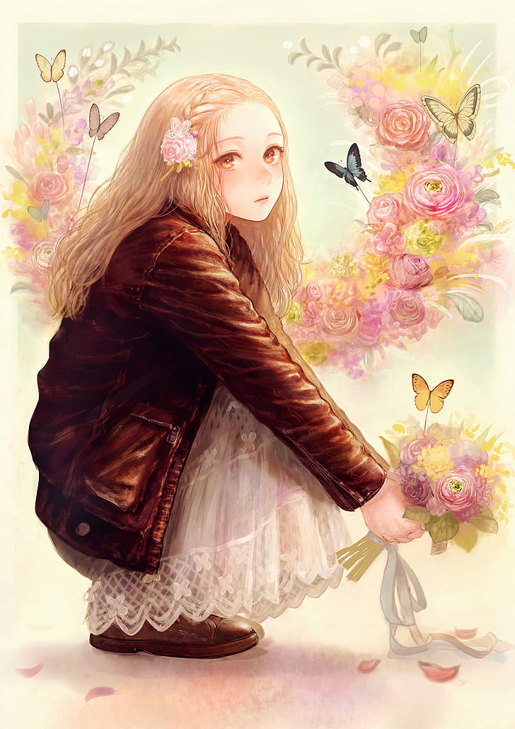 Anime, Anime Girls, Butterflies, Flowers, Flower In - Anime Blonde Hair Girl With Flowers - HD Wallpaper 