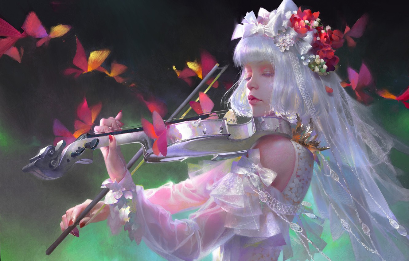 Photo Wallpaper Girl, Butterfly, Music, Violin, Fantasy, - Fantasy Girl Playing Violin - HD Wallpaper 