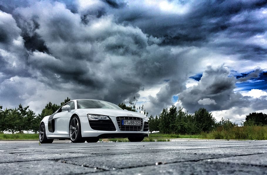 Silver Audi R8 Parked On Open Field Under Gray Clouds, - Thunderstorm Car - HD Wallpaper 