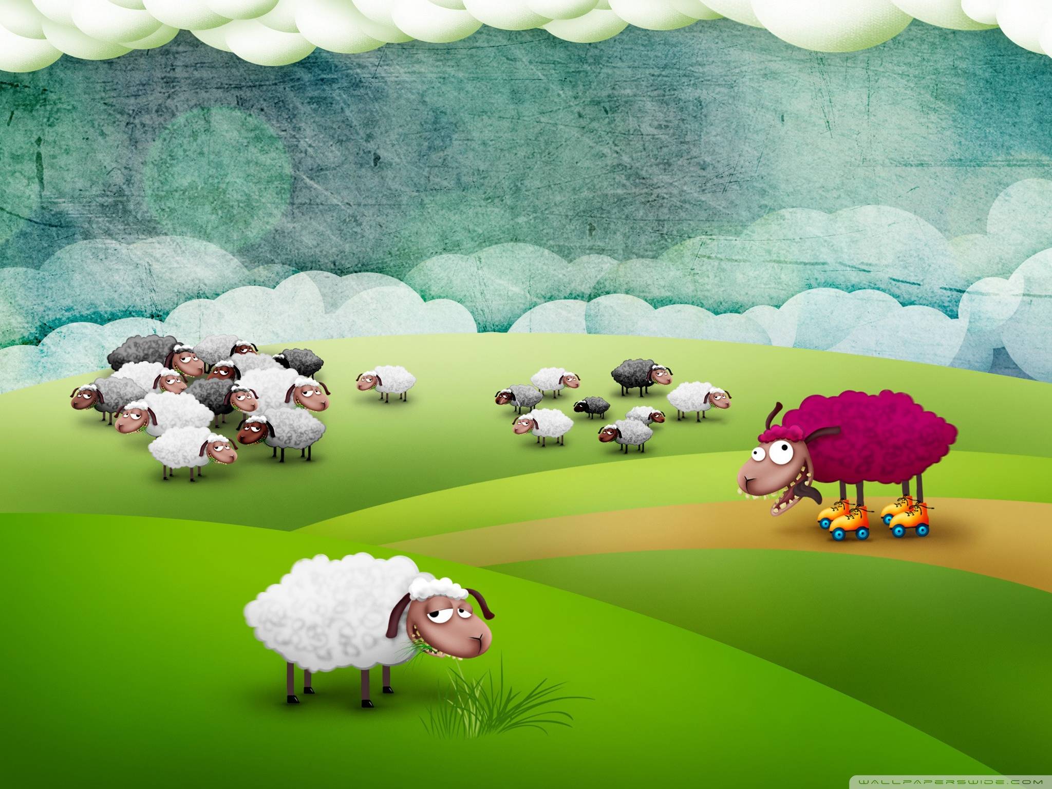 Sheeps On Pasture Cartoon - HD Wallpaper 