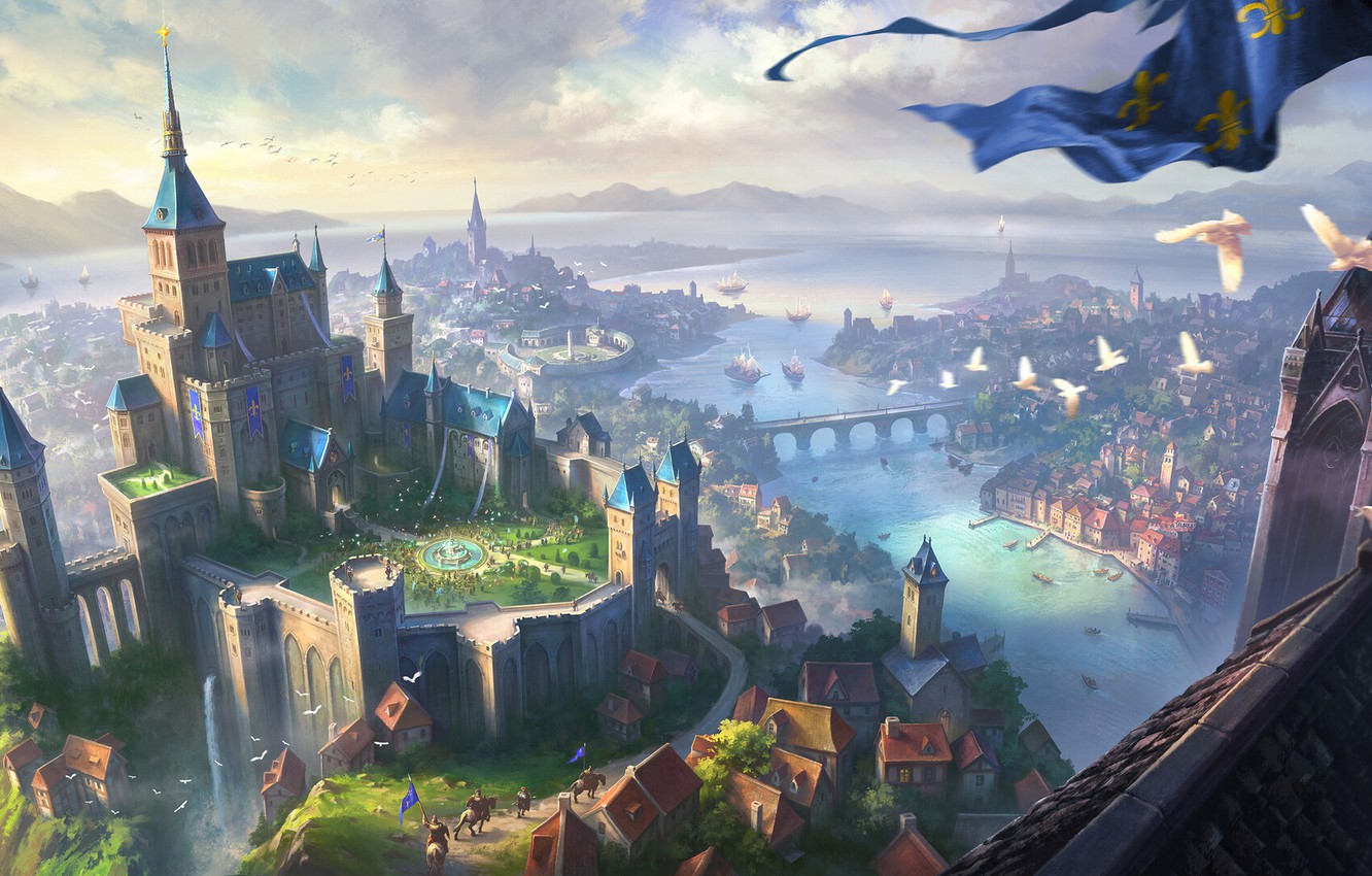 Photo Wallpaper City, Fantasy, River, Sky, Bridge, - Shuxing Li - HD Wallpaper 