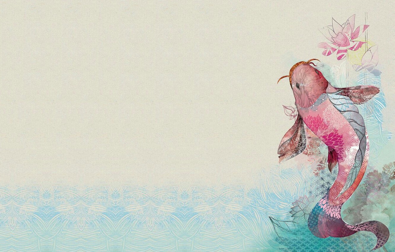 Photo Wallpaper Fish, Art, Lotus, Goldfish, Fish, Illustration, - Koi Fish Art - HD Wallpaper 
